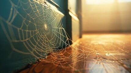 Spiderweb on wood floor near window