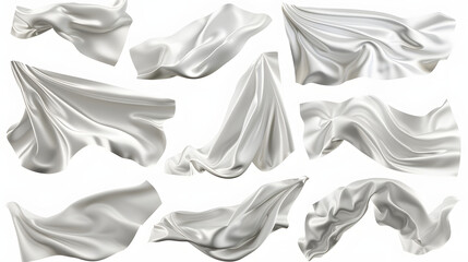 collection set of white silk satin cloth fabric floating flying in the air on  cutout, png file. mockup template for artwork graphic design isolated on white background, simple style, png