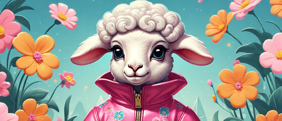 Sticker - Anthropomorphic baby sheep dressed in human clothing. Humanized animal concept a flower background, floral aesthetic, Fashion and beauty stylish illustration