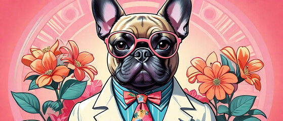 Wall Mural - Cool looking French bulldog dog wearing funky fashion dress - jacket, tie, glasses on a flower background, floral aesthetic, Fashion and beauty stylish illustration