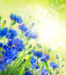Wall Mural - blue cornflowers on green lights background. watercolor flowers. illustration.