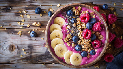 Wall Mural - A vibrant smoothie bowl topped with fresh raspberries, blueberries, banana slices, granola, and chia seeds on a rustic wooden table. Colorful Smoothie Bowl with Fresh Berries and Granola

