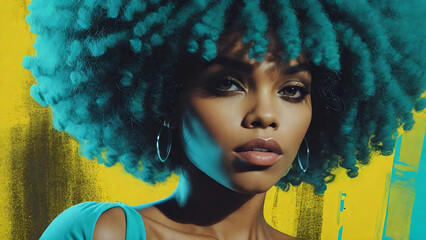 Wall Mural - African American woman with voluminous afro hair in a pop art style with bold color contrasts of dark cyan and yellow. Perfect for graphic design projects