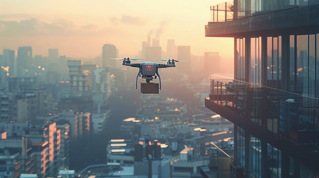 Drone delivering a package over a modern city during sunrise, showcasing urban delivery technology and innovative logistics solutions.