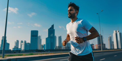 Wall Mural - Mixed-race young athlete checking his watch while training outside. After running, handsome mixed-race man checks his smartwatch. Exercise progress tracking