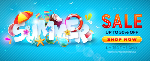 Wall Mural - Summer Sale Banner Design with Flower and Beach Holiday Elements on Blue Background. Tropical Vacation Vector Floral Illustration with Special Offer Typography for Coupon, Voucher, Flyer, Promotional