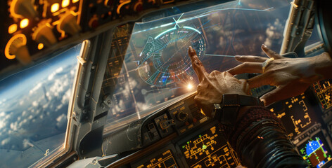 a close-up shot of a pilots hands interacting with a futuristic, advanced flight display inside the 
