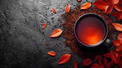 Wall Mural - A cup of tea is sitting on a table with leaves scattered around it