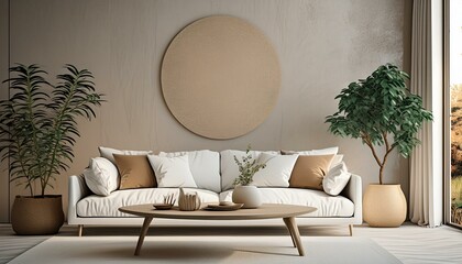 Wall Mural - Modern home living room interior with white sofa and coffee table with decor, 3d render