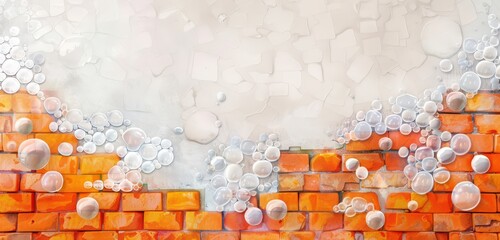 Canvas Print - Orange brick wall with floating bubbles, creating a dynamic and whimsical visual on a gradient background. Perfect for banners, cards, or creative backdrops.