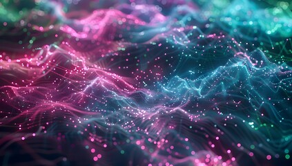 Poster - Abstract digital background with glowing lines and dots forming an intricate network, symbolizing technology, data transfer or global connection
