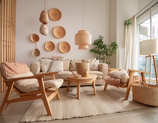 Wall Mural - Modern living room design, Wooden furniture with warm cozy feeling, bright neutral colors