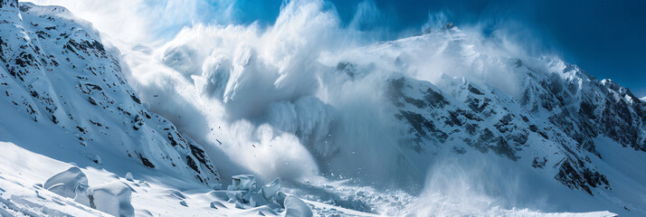Powerful snow avalanche descending from a steep mountain slope, illustrating the raw energy of winter landscapes, perfect for educational materials on natural phenomena and winter safety