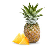 Whole pineapple and pineapple slice. Pineapple with leaves isolate on white. Full depth on transparent.
