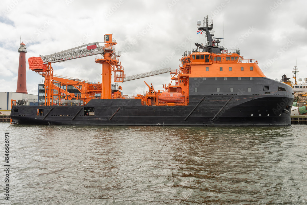 Work/Repair Vessel is moored at the quay of the port in IJmuiden, Netherlands
