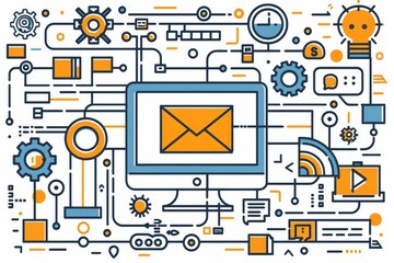 Leinwandbilder - Digital communication network illustrated through an email icon and computer graphic, representing online messaging and internet connectivity in technology, Gerberative AI