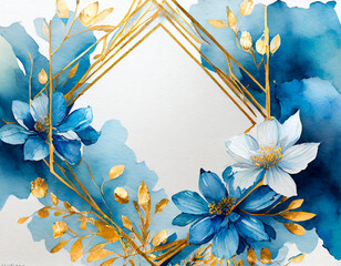Wall Mural - Golden frame with blue flowers and watercolor paint on a white background, template for wedding invitation