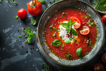 Wall Mural - Close-up view of a bowl of tomato soup with basil and peppercorns