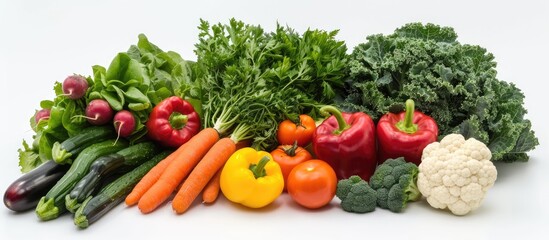 Wall Mural - Fresh and colorful vegetables set on a white background for a visually appealing presentation with copy space.