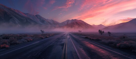 Poster - Desolate road with picturesque mountain backdrop at dawn