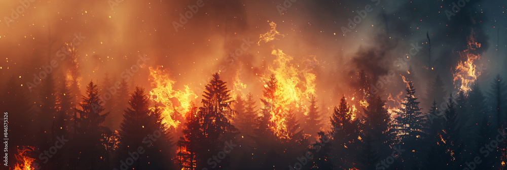 Intense forest fire raging through dense woodland, capturing the ...