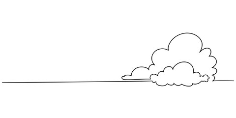 One solid line drawing of clouds in the sky on a white background. Weather symbol and storage concept in simple linear style. Doodle vector illustration