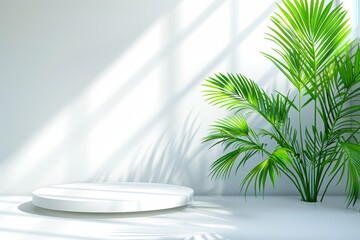 Wall Mural - Serene indoor plant display with sunlight and modern pedestal