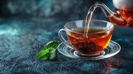 Steaming hot tea being poured into a transparent cup with fresh mint leaves