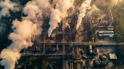Poster - an aerial view of a modern industrial complex with smoke plumes rising from chimneys at sunset. gene