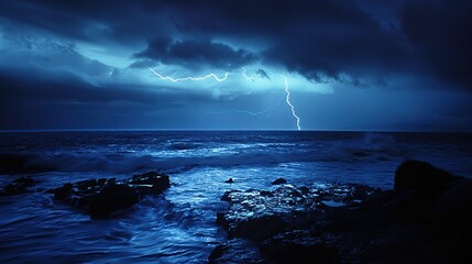 Wall Mural - Power of Nature, Nighttime Ocean Storm with Lightning and Waves. Generative Ai