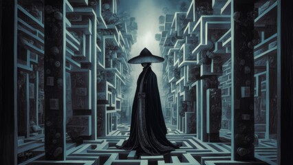 Wall Mural - A man in a hat standing inside of an intricate maze, AI