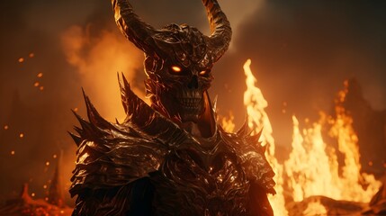 character with horns and armor standing in the fire UHD Wallpaper