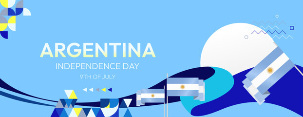 Wall Mural - Argentina Independence Day banner in modern geometric style. Wide banner with typography and also country flag. Background for National holiday celebration party. Happy Independence Day of Argentina