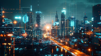 Poster - A futuristic cityscape with holographic communication interfaces, depicting a world of borderless connectivity and interaction.
