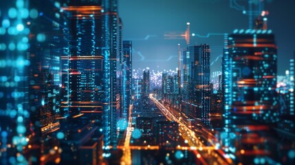Poster - A futuristic cityscape with holographic communication interfaces, depicting a world of borderless connectivity and interaction.