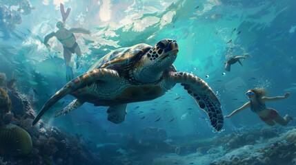 Poster - A group of tourists snorkeling with sea turtles in a marine sanctuary, awestruck by their beauty and grace.