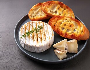 Wall Mural - Perfectly baked camembert cheese, soft and creamy inside, with crunchy baguette slices and grilled toasts, isolated background, studio lighting