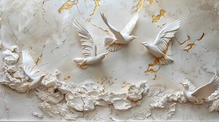 Wall Mural - Volumetric decorative exotic birds against the background of a plastered wall.