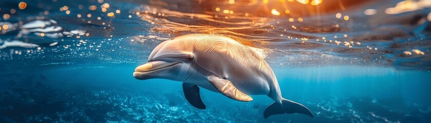 Dolphin swimming beneath the ocean surface, sunlight creating beautiful patterns, serene and peaceful marine life scene, focus on natures beauty