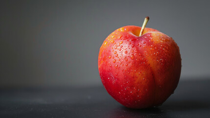 Sticker - Close-up of a fresh red apple covered in water droplets, highlighting its vibrant color and texture against a dark background.