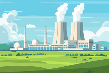 Nuclear power plant flat color vector illustration Industrial facility 2D cartoon landscape with atomic reactors in the background Energy manufacturing station, electricity production factory panorama