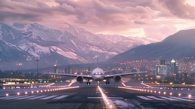 Commercial airplane landing on a runway with a scenic city and mountain backdrop, symbolizing travel and adventure.