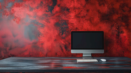 Poster - A computer monitor sits on a desk in front of a red wall