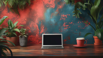 Poster - A laptop is on a desk next to a red coffee cup and two potted plants