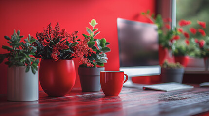 Wall Mural - A red cup with a computer, a mug, and several potted plants on red wall