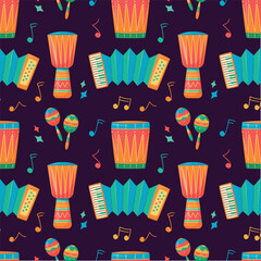 Wall Mural - Seamless pattern with musical instruments. Festa Junina celebration with firework, maracas, drum, guitar on dark background. For digital paper, cards, banner. Traditional Celebration Festa Junina