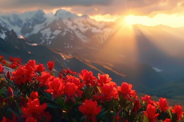 Wall Mural - High Mountain Sunrise Red Flower