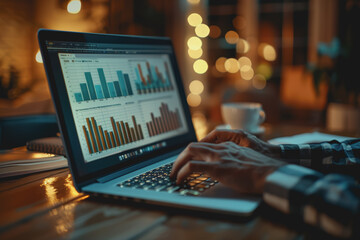 business man hand working on laptop computer financial with graphic graph chart diagram statistics.