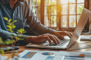 business man hand working on laptop computer financial with graphic graph chart diagram statistics.