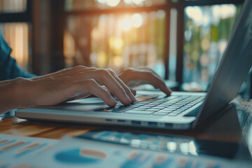 business man hand working on laptop computer financial with graphic graph chart diagram statistics.